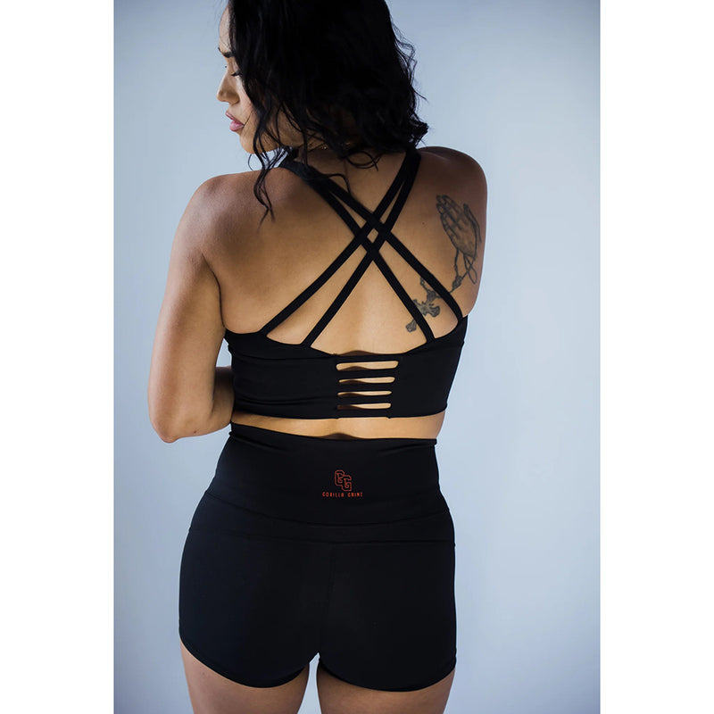 Back view Xena Long Line Sports Bra and High Waist Shorts in black