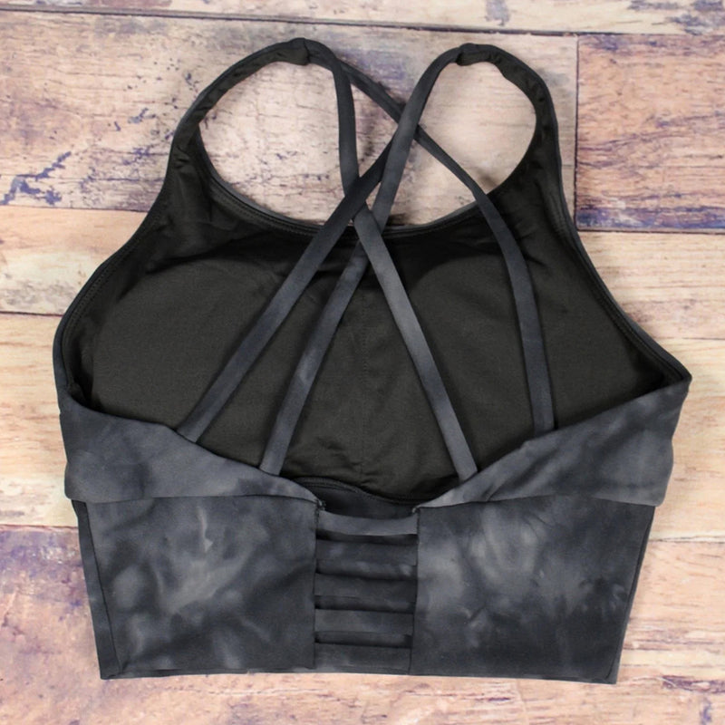 Detail back black moon Xena Long Line Strappy Back Sports Bra in Tie Dye