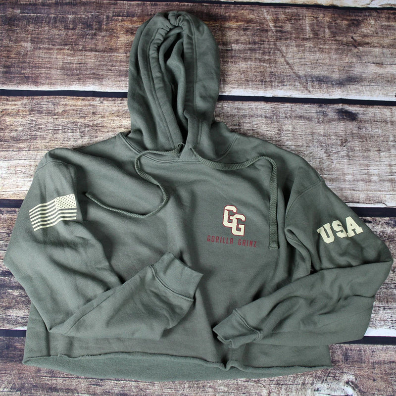 We The People Crop Hoodie Military Green Front