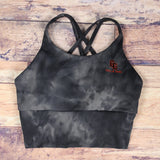 Detail front black storm Xena Long Line Strappy Back Sports Bra in Tie Dye