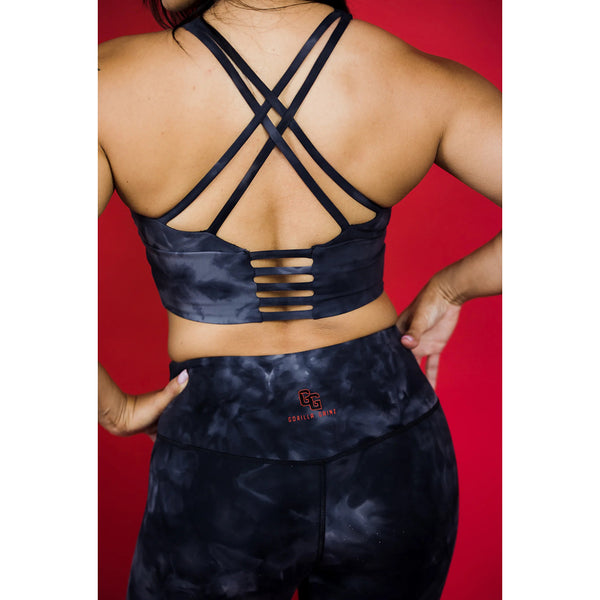 Black Storm Xena Long Line Strappy Back Sports Bra in Tie Dye Back