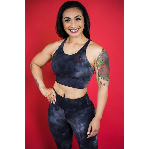 Black Storm Xena Long Line Strappy Back Sports Bra in Tie Dye