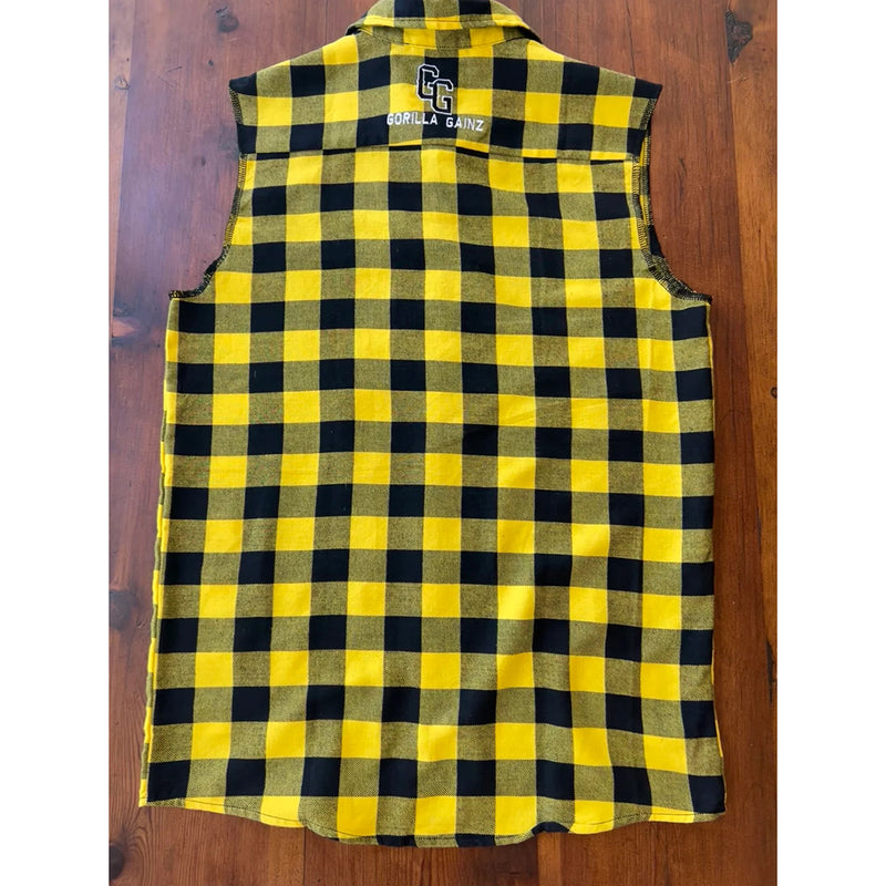 Back view Sleeveless Button up Flannel Shirt Yellow & Black