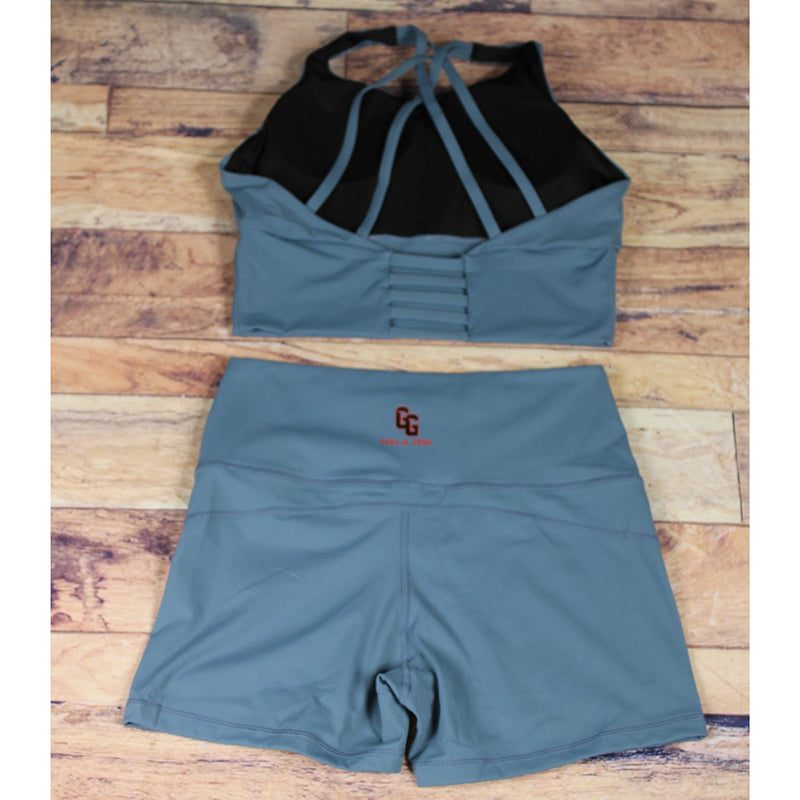 Back view Xena Long Line Sports Bra and High Waist Shorts in Lake